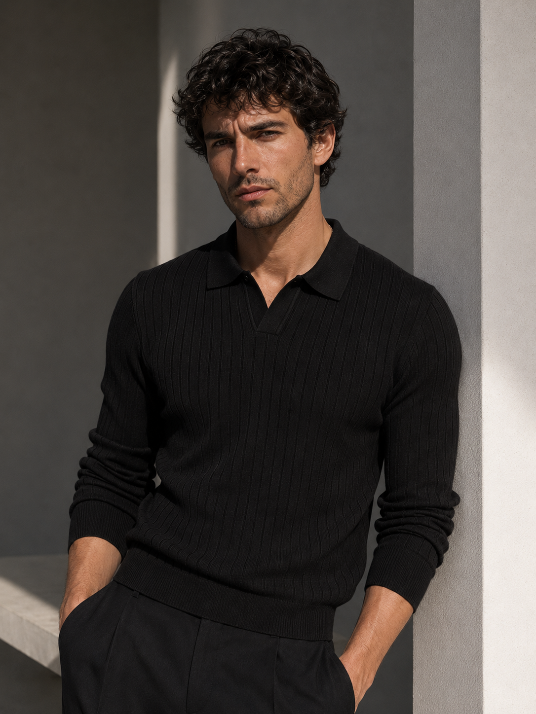 Ribbed Long-Sleeve Polo